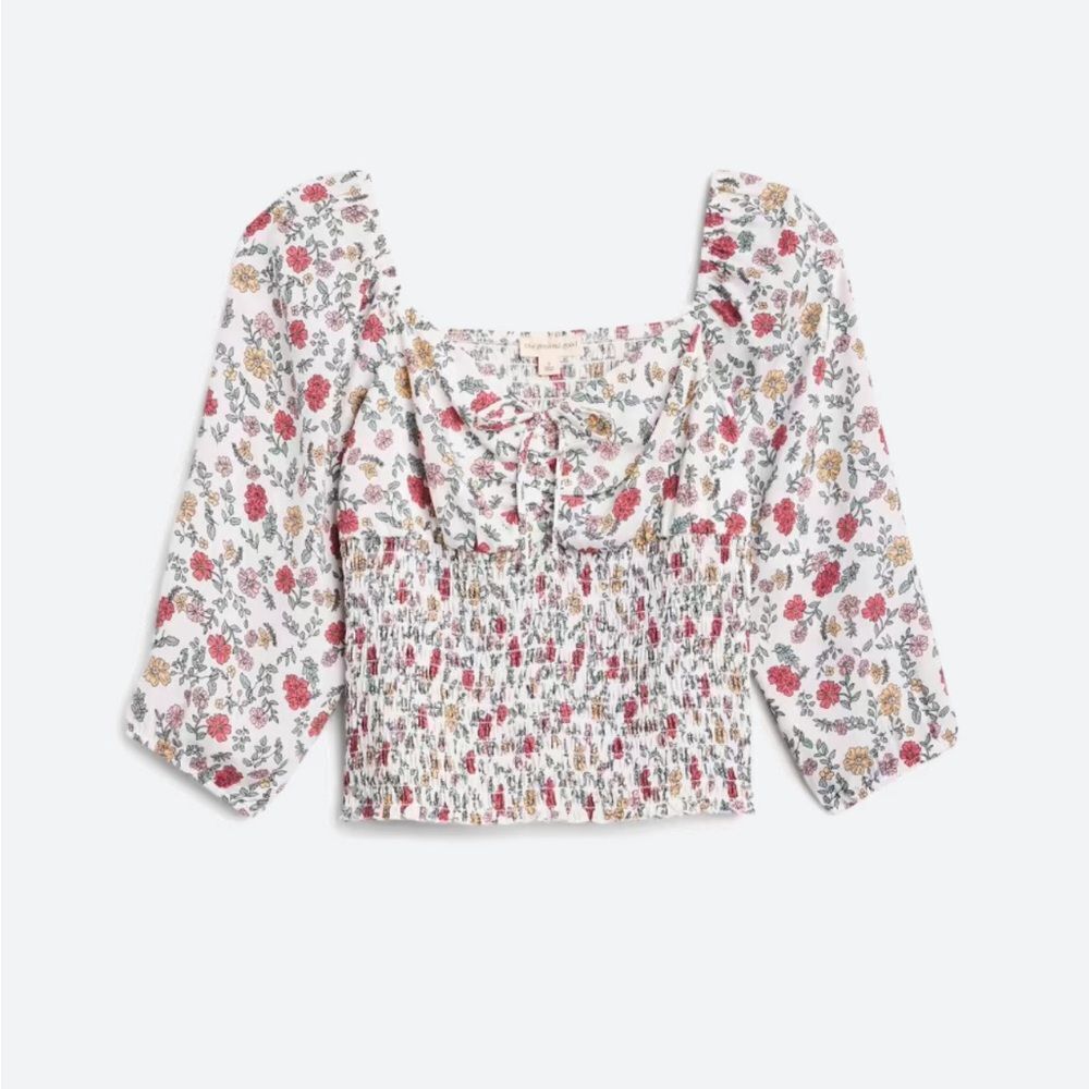 The General Good Elena Smocked Cropped Top in white floral size L